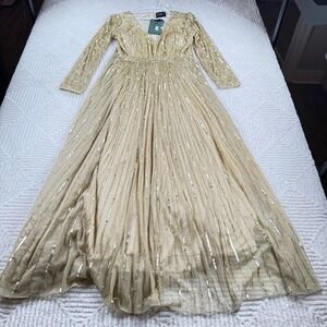 Mac Duggal Dress 14 Beaded Sequin Long Sleeve V Neck Gown Champagne Formal MIB